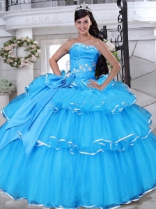 Strapless Tulle Aqua Blue Quinceanera Gowns with Appliques