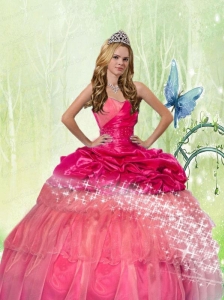 2015 Cute Hot Pink Sweetheart Organza Quinceanera Dresses with Pick-ups