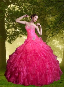 2015 Fashionable Hot Pink Quinceanera Dresses with Beading and Ruffles