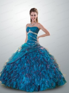 2015 Luxurious Strapless Blue Quinceanera Dresses with Beading and Ruffles