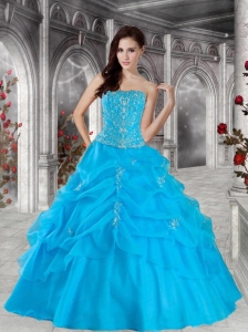 2015 Pretty Ball Gown Strapless Beading Blue Quinceanera Gowns
