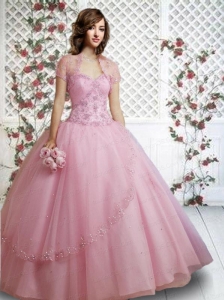 Beautiful Sweetheart Appliques and Hand Made Flowers Light Pink Quinceanera Gown