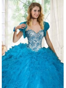 Brand New Blue Organza Quinceanera Jacket with Beading and Ruffles