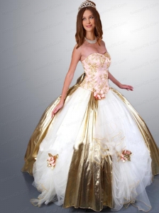Embroidery White and Gold Hand Made Flowers Quinceanera Dress