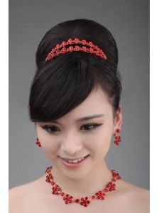 Red Rhinestone Wedding Jewelry Set Including Necklace Crown And Earrings