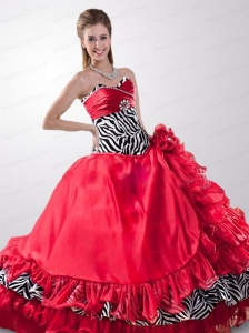 2015 Classical  Sweetheart Red Sweet 16 Dresses with Hand Made Flower and Ruffles