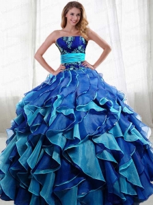 2015 Popular Blue Sweetheart Quinceanera Dresses with Appliques and Ruffles