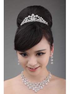 Alloy Rhinestone Intensive Flower Jewelry Set With Crown Necklace And Earrings
