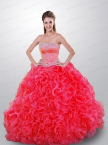 Beautiful Beading and Ruffles Coral Red Quince Dresses For 2015
