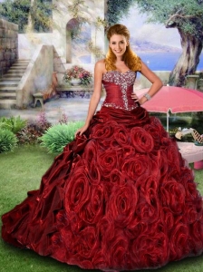 Most Popular Wine Red Quinceanera Dress with Beading and Rolling Flowers