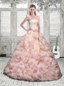 One Shoulder Beading and Ruffles Quinceanera Dress in Baby Pink