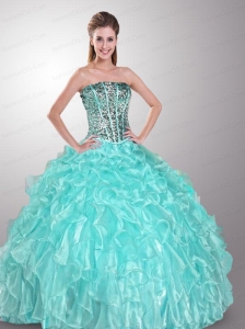 Romantic Strapless Beaded and Ruffled Quinceanera Dress in Aque Blue