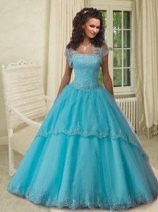 Strapless Aqua Blue Quinceanera Gown with Lace Appliques