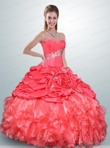 Inexpensive Watermelon Red Quince Dress with Beading and Pick Ups For 2015