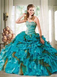 2015 Customize Sweetheart Teal Quinceanera Dress with Beading and Ruffles
