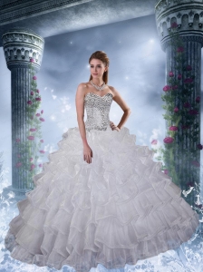 2015 Elegant One Shoulder Beaded and Ruffled Layeres White Quinceanera Dresses