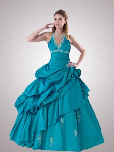 2015 Modest Halter Top Teal Quinceanera Dress with Appliques and Pick-ups