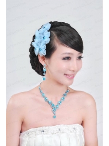 Blue Crystal Round Shaped Jewelry Set Including Necklace And Headflower