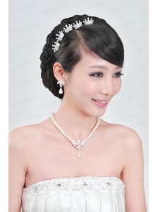 Elegant Alloy With Pearl Wedding Jewelry Set Including Necklace Earrings And Headpiece