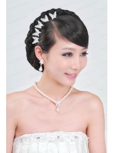 Fashionable Alloy WithPearls Wedding Jewelry Set Including Necklace Earrings And Headpiece