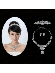 Multi Color Crystal Round Shaped Jewelry Set Including Necklace,Tiara