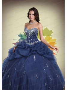 Navy Blue Sweetheart Beaded Decorate Quinceanera Dress with Pick Ups