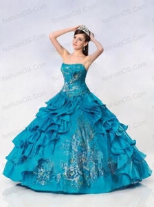 Strapless Ball Gown Taffeta Embroidery Quinceanera Dress in Turquoise