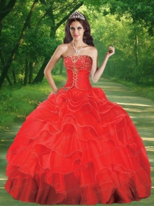 2015 Popular Strapless Red Quinceanera Dresses with Beading and Ruffled Layers