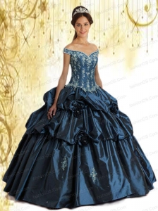 Affordable Off The Shoulder Appliques and Pick-ups Navy Blue Sweet 16 Dresses For 2015