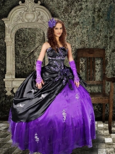 Brand New Purple and Black Strapless Appliques Quinceanera Dress For 2015
