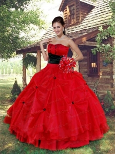 Latest Red Strapless Organza Quinceanera Dress For 2015