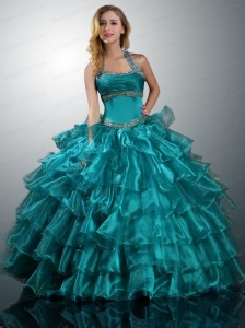2015 Luxurious Halter Top Teal Quinceanera Dresses with Ruffled Layers
