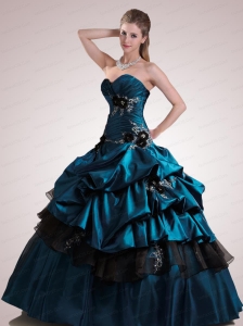 Custom Made Sweetheart Dark Blue Quinceanera Dress with Appliques and Hand Made Flowers