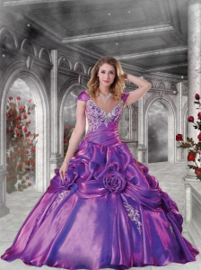 Exclusive Purple Quinceanera Gown with Appliques and Hand Made Flowers