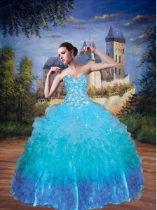 Modest Sweetheart Beading and Ruffles Quinceanera Dress in Blue