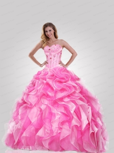 Pretty Sweetheart Pink Quinceanera Dress with Beading and Ruffles for 2015