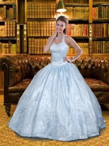 Wonderful Halter Top Baby Blue Quinceanera Dress with Lace