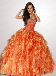 2015 Autumn One Shoulder Orange Quinceanera Dresses with Beading and Ruffles