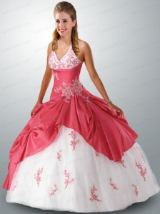 2015 Halter Top Appliques Quinceanera Dress in White and Pink