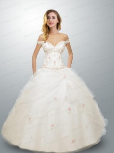 2015 New Arrival White Off The Shoulder Appliques Quinceanera Gown