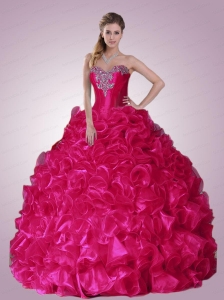 2015 Popular Beading and Ruffles Quinceanera Dresses in Hot Pink
