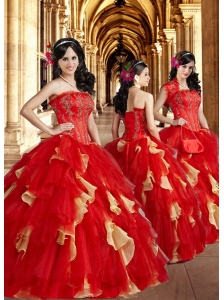 2015 Red Luxurious Appliques and Ruffles Dresses for Quinceanera