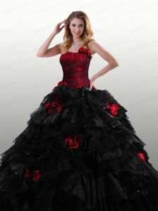 2015 The Super Hot Strapless Red and Black Quinceanera Dresses with Ruffles
