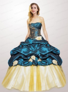 Cheap Strapless Teal Quinceanera Gown with  Appliques