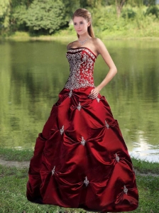 Strapless Ball Gown Wine Red Quinceanera Dress with Embroidery