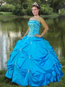 Strapless Satin Embroidery Quinceanera Dresses in Aqua Blue