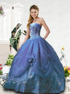 Embroidery Strapless Blue Quinceanera Gown for Girls Party