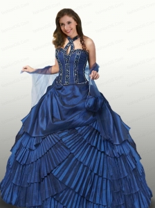 Halter Top Appliques and Ruffles Quinceanera Dresses in Royal Blue