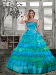 Lovely Strapless Turquoise Quinceanera Gown with Appliques