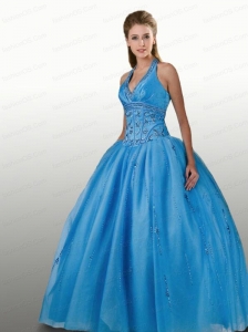Perfect Beaded Decorate Halter Top Sweet 16 Dress in Aqua Blue